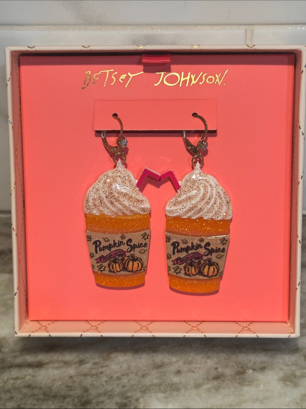 Betsey Johnson Dangle Drop Earrings Pumpkin Spice Latte Fall Sweater Weather NEW